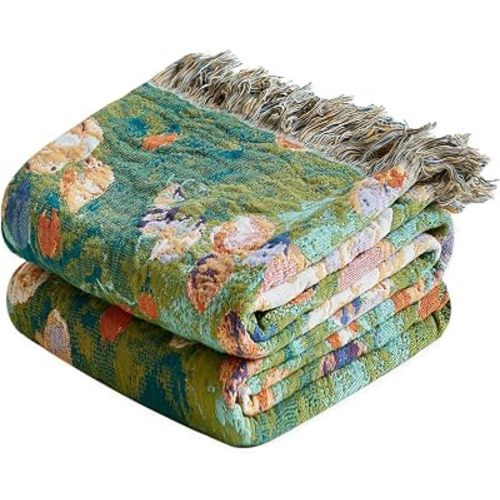 MSGKV Boho Throw Blanket for Couch Cotton Floral Blanket 50"x60" for Sofa Chair Throws Muslin Summer Breathable Lightweight Farmhouse Blankets Home Decor All Seasons