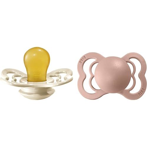 BIBS Supreme Baby Pacifier 2-Pack | Made in Denmark | BPA Free Dummy Soother, Symmetrical Nipple. Natural Rubber Latex, Size 1 (0-6 Months), Ivory / Blush