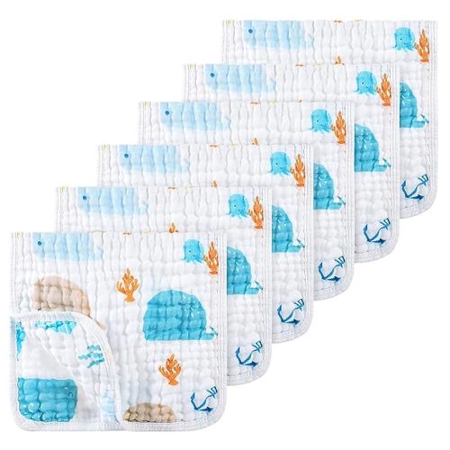 Looxii Muslin Burp Cloths 100% Cotton Muslin Cloths Large 20''x10'' Extra Soft and Absorbent 6 Pack Baby Burping Cloth (Whale)