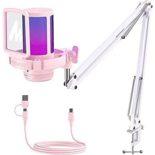 MAONO Gaming USB Microphone with Noise Cancellation, Streaming mic for PC Computer MAC PS4 PS5, All-in-One Kit with Mute, Monitor for Recording, Podcast, Twitch, YouTube, Discord, DGM20S Pink