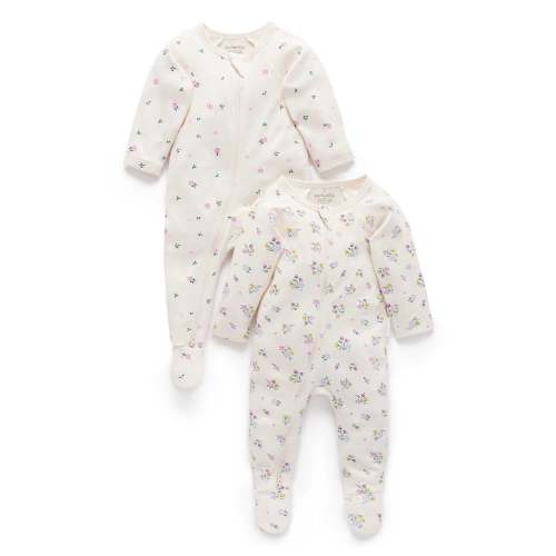 White Cherry Blossom 2 Pack Zip Growsuit - Baby Growsuits - Purebaby - Purebaby