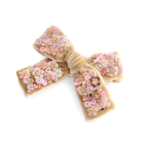 Pink and Gold Sequin Hair Bow made from Beige Silk Velvet - Flower Bow for Girls