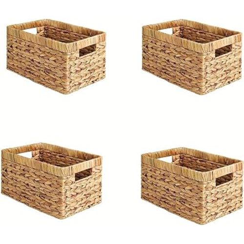 4PCS Handwoven Water Hyacinth Storage Basket Set - Natural Wicker Baskets with Handles for Bathroom, Kitchen, Pantry, Bedroom, and Living Room Organization