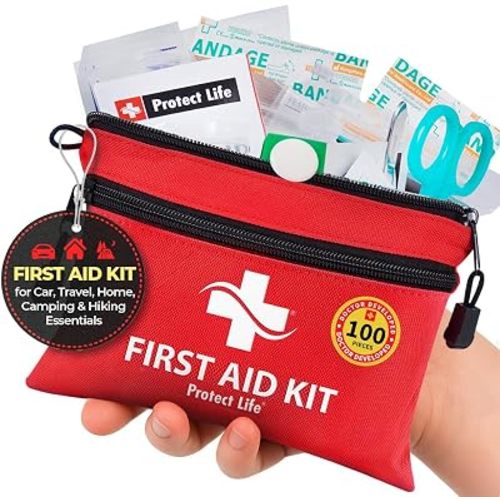 Protect Life Doctor Developed Mini First Aid Kit, 100 Piece Waterproof Emergency Kit for Car, Boat, Camping & Travel, Includes Emergency Blanket, Tourniquet & First Aid Guide
