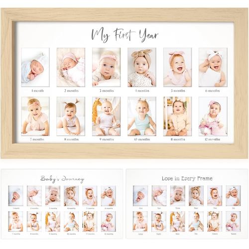 My First Year Photo Frame, 12 Months Baby Picture Frame for Newborn Girl,Boy - Baby Shower Gifts Keepsakes,Monthly Baby's One Year Birthday Milestone,1st Nursery Photo Collage Display Board (Ash Wood)