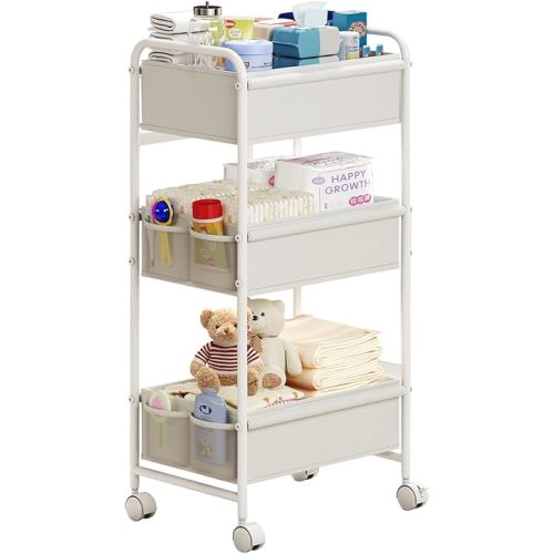 3-Tier Baby Diaper Caddy Cart Organizer with 2 Dividers & 8 Mesh Pockets - Mobile Nursery Storage Cart with Wheels, Durable Metal Utility Cart for Nursery, Bedroom, Bathroom Essentials Organization