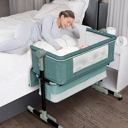 Baby Bedside Bassinet - Baby Bedside Sleeper with Adjustable Height, Storage Basket and Comfy Mattress - Bed Bassinet with Portable Arms - Reach Co Sleeper Bassinet for Infant