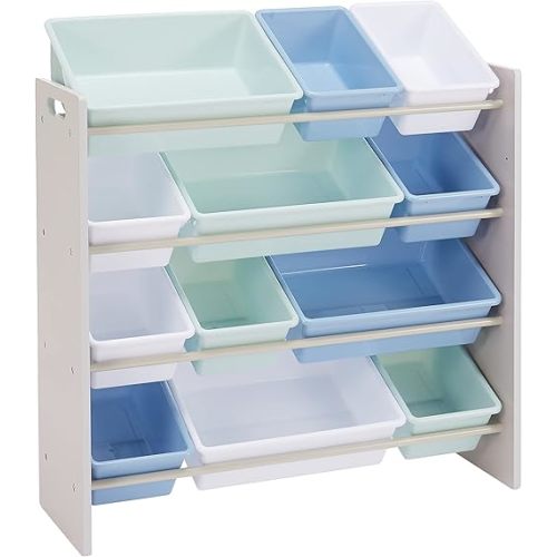 Amazon Basics Kids Toy Storage Organizer with 12 Plastic Bins, Grey Wood with Blue Bins, 10.9"D x 33.6"W x 31.1"H
