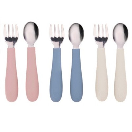 WeeSprout Toddler Utensils, 3 Forks & 3 Spoons, 18/8 Stainless Steel & Food Grade Silicone - Matte Blue, Pink, Off White
