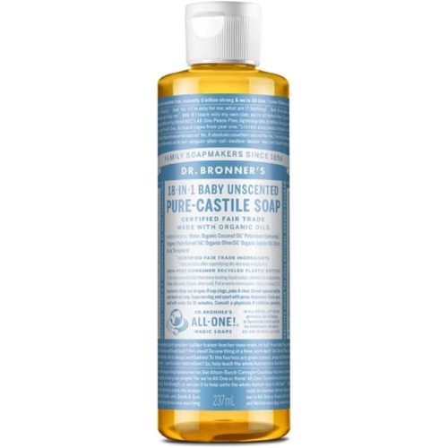 Dr. Bronner's Magic Soap Pure-Castile Liquid Soap (Baby Unscented, 8 Ounce)- Regenerative Organic Certified Oils, For Face, Hair, Laundry, Dishes, For Sensitive Skin, Babies, No Added Fragrance, Vegan