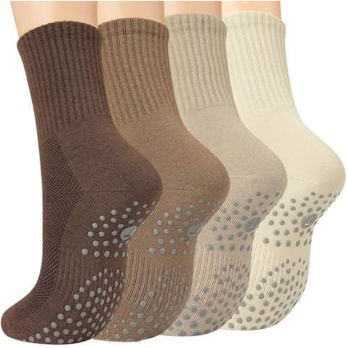 Pilates Socks with Grips for Women, Yoga Non Slip Grippy Crew Socks for Barre Slipper Hospital Gifts 4 Pairs