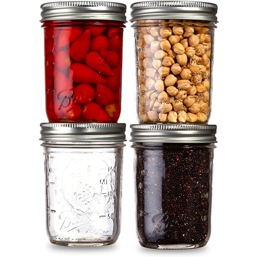 Ball Mason Jars Regular Mouth 8 oz Bundle with Non Slip Jar Opener- Set of 4 Mason Jars - Canning Glass Jars with Lids and Bands