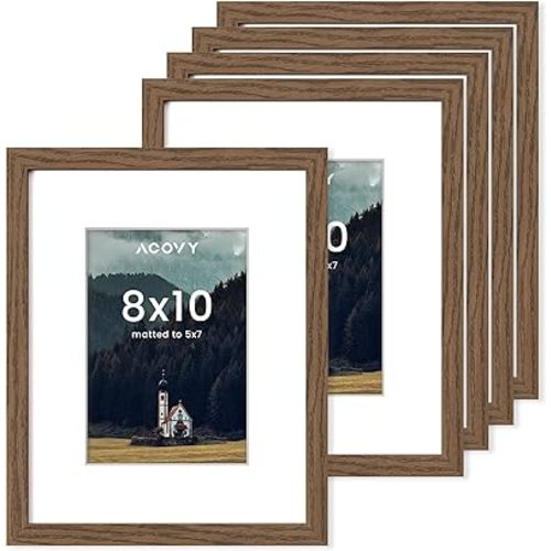 8x10 Picture Frames Set of 5, 8 x 10 Photo Frame with Mat for 5x7 or 8x10 without Mat, 8"x10" Picture Frame with HD Plexiglass, 8 by 10 Picture Frame for Wall or Tabletop Display, Walnut