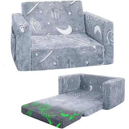 inhand Toddler Couch,Toddler Chair Comfy, 2-in-1 Baby Seat Furniture Fold Out, Convertible Sofa to Lounger with Cute Star Space Pattern Gifts for Kids Girl Boys,Medium