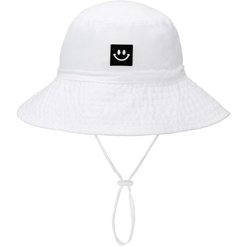 Baby Sun Hat Smile Face Toddler UPF 50+ Sun Protective Bucket hat Nice Beach hat for Baby Girl boy Adjustable Cap - 0-6 Months - White