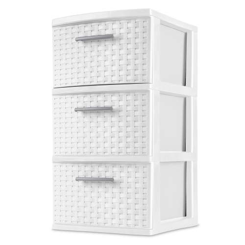 Sterilite 3 Drawer Tower, Slim Plastic Weave 3 Drawer Tower with Pull Handles, White