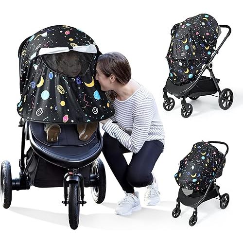 Orzbow Stroller Sun Shade Universal, Breathable UPF 50+ Stroller Cover for Baby Sun Protection - Rich Inside Visuals and See Through Mesh Window, Large Stroller Sunshade Cover Extender, Planets