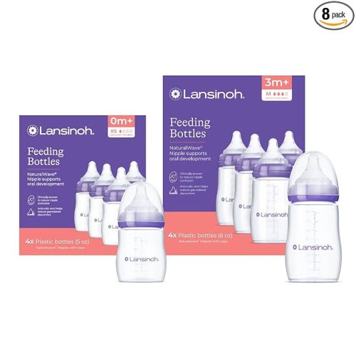 Lansinoh NaturalWave Newborn Gift Set – 4 Anti‑Colic 5 oz Bottles with Newborn XS Flow Nipples + 4 Breastfeeding 8 oz Bottles with M‑Flow Nipples 8 Pack Total