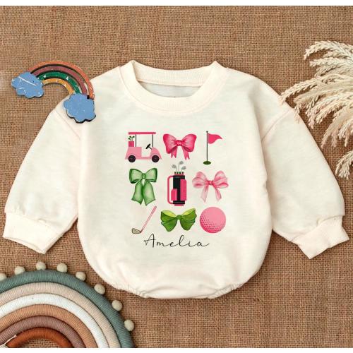Custom Golf Romper Sweatshirt, Personalized Baby Outfit,Toddler Golf Clothes,Cute Bow Golf Bodysuit,Preppy Baby Gift,Newborn Golf Fan Outfit