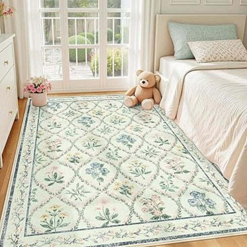 Green Floral Rugs for Living Room, 5x7 Washable Rug for Bedroom, Non Slip Ultra-Thin Indoor Ultra-Thin Large Boho Rug for Kids Playroom, Classroom, Girls Dorm, Nursery, Green Multi