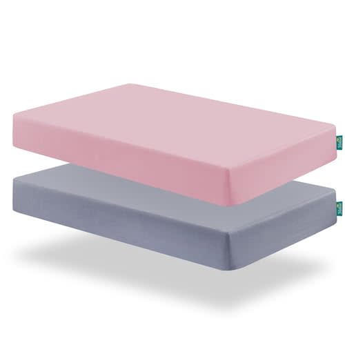 Biloban Mini Crib Sheets Fitted, 2 Pack Mini Crib Sheet Fits for Mini Crib Mattress, Neutral Mini Crib Sheets for Baby Boys and Girl, Grey & Pink, 38”X 24”