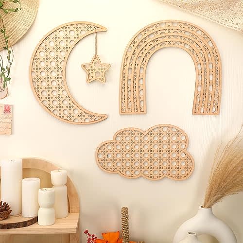 Geetery Boho Wooden Rainbow Nursery Cloud Moon Ornaments Cloud Baby Room Wall Decor for Nursery Boho Wooden Rattan Moon and Stars Decor for Baby Girl Boy