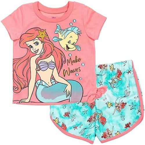 Disney Frozen Moana Princess Tiana Floral Peplum T-Shirt and French Terry Shorts Outfit Set Toddler to Big Kid