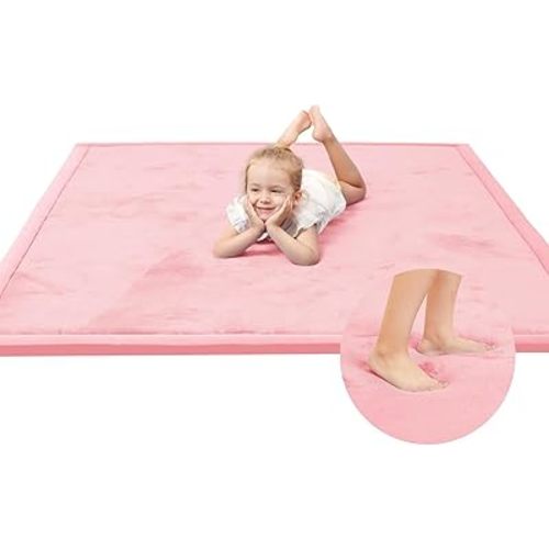 Huloo Sleep Baby Play Mat for Floor,1.3" Thick Elasti-Foam 74×50 Playpen Mat for Toddlers Infant kids,Water-Repellent Soft Coral Velvet for Tummy Time, Non-Slip Backing for Crawling,Tatami Style(Pink)