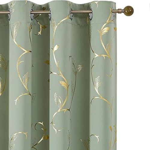 BUHUA Blackout Curtains Gold Foil Print Flower Vine Grommet Drapes, Room Darkening Thermal Insulated Curtains, Noise Reducing Curtain for Bedroom, Sage Green, 52Wx72L, 2 Panels