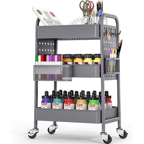TOOLF Metal Rolling Storage Cart, 3-Tier Utility Mobile Cart with DIY Pegboards, Serving Trolley Cart with Baskets Hooks, for Kitchen, Bathroom, Office, Home, Classroom (Dark Grey)