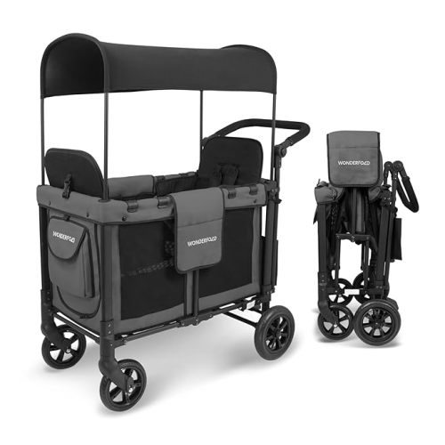 WonderFold W2 Elite Stroller Wagon - Foldable Wagon with Steel Frame - Adjustable Canopy & Push Handle - All-Terrain Wheels - for Babies, Toddlers & Kids - 2 Seater - Jet Black