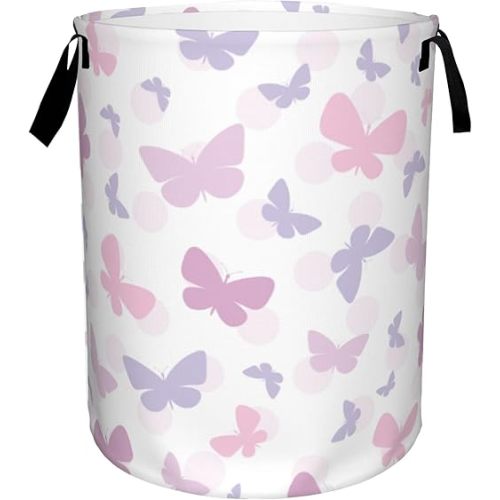 Laundry Basket,Butterfly Laundry Hamper Pink Purple Dots Collapsible Organizer Basket,Toy Storage Bin Room Decor Gift Clothes Baskets,Bedroom Children Nursery Hamper 16x20 Inch