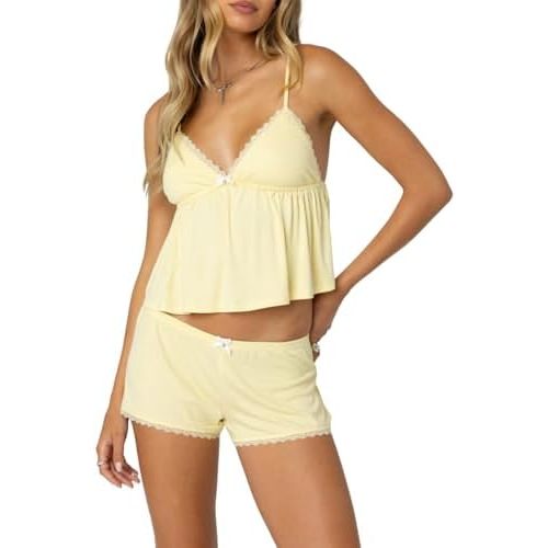 XBTCLXEBCO Lace Pajama Sets for Women 2 Piece Sexy Sleeveless Cami Tank Top and Shorts Pj Set Y2K Matching Lounge Sleepwear