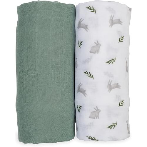 lulujo Baby Swaddle Blankets | Unisex Softest Breathable Cotton Muslin Swaddle Blanket Set | Neutral Receiving Blanket for Girls & Boys | 40in x 40in | Bunnies& Fern | 2-Count