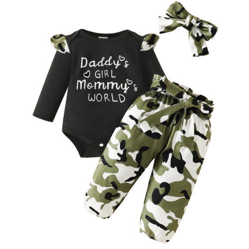 WIBACKER Daddy's Girl Mommy's World Newborn Outfit Baby Girl Going Home Outfits Ruffle Ribbed Romper Top Camo Pants Set Fall Winter Clothes