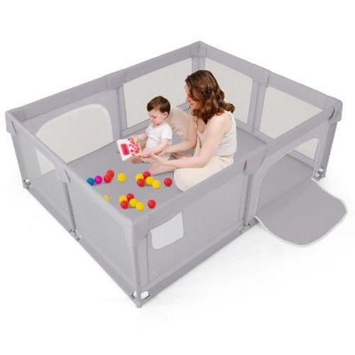 Safstar Large Baby Playpen, 75" x 59" Baby Activity Center w/Zippered Doors, Storage Bag, Indoor Outdoor Baby Play Yard Fence for 0-3 Years Old, Gray