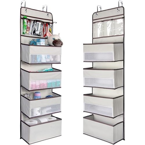 NesTidy Over The Door Organizer Storage, Wall Mount Hanging Organizer with 4 Large Capacity Pocket Organizers and 3 Small Pockets for Baby Essentials, Toys, Cosmetics, and Sundries (Beige, 1 Pack)