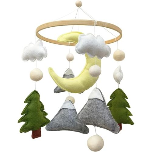 Moon Baby Mobile for Crib, Felt Baby Crib Mobile for Boys Girls, Baby Mobile for 0-5 Months,Nursery Decor Theme for Infant Bedroom Hanging(Mountain Cloud Mobile Hanger)