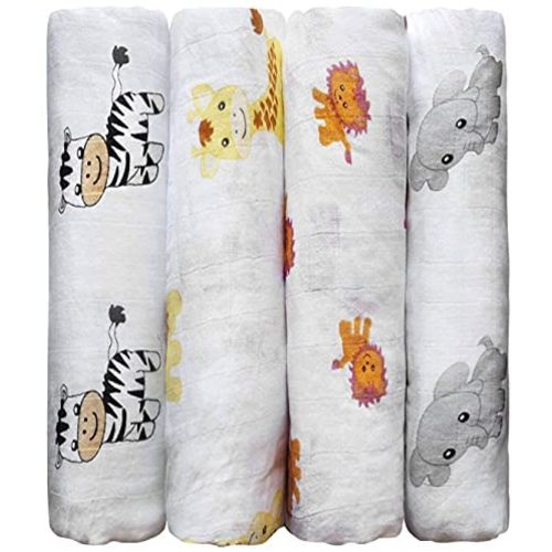CuddleBug Muslin Baby Swaddle Blankets for Boys and Girls Size Large 4 x 4 Feet – Muslin Cotton 4 Pack (Safari Friends)