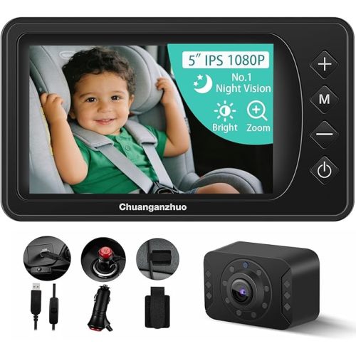 5'' Baby Car Camera with NO.1 Night Vision, USB Powered, Mirror/Normal Mode, 1080P IPS Crystal-Clear Car Baby Monitor With Brightness Setting & 3X Zoom, infant Backseat Camera, S100U, 5inch Black