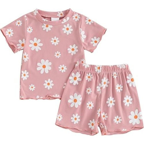 Fernvia Toddler Baby Girl Summer Clothes 3 6 9 12 18 24 Months Cotton Outfits Short Sleeve Contrast T-Shirts Tops Shorts Sets