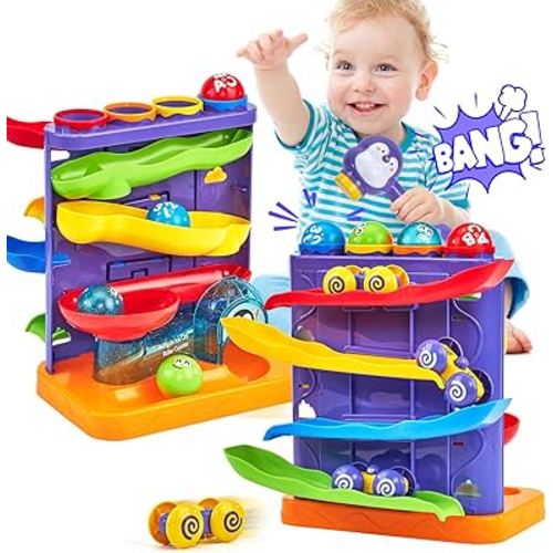 Toddler Toys for 1 Year Old Boy Birthday Gift 2 in 1 Pound Ball Toy & Car Ramp Race Track Learning Active Early Developmental Montessori Toys for 1-Year-Old Birthday Gifts for 1 2 3 Year-Old Boy Girl