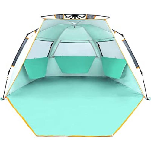 WolfWise 3-4 Person Easy Up Beach Tent UPF 50+ Portable Instant Sun Shelter Canopy Umbrella with Extended Zippered Porch, Mint Green