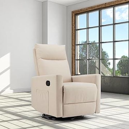 Swivel Glider Recliner Nursery Rocker Chair with Extra Large Footrest and Upholstered Seat, Beige