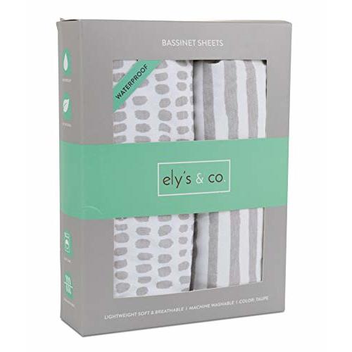 Ely's & Co. Patent Pending Waterproof Bassinet Sheet, No Need for Bassinet Mattress Pad Cover, 2 Pack Neutral Taupe Grey Splash & Stripes,for Baby Girl and Boy