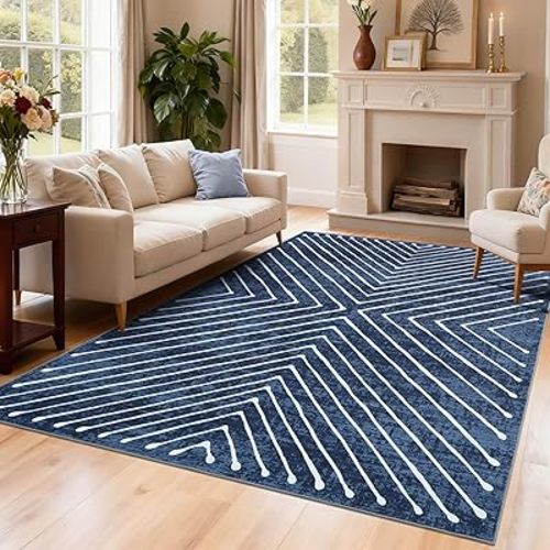 Bedroom Area Rug 5x7 Geometric Rug Machine Washable Living Room Area Rug Non Slip Stain Resistant Large Dining Room Throw Rug Ultra Soft Contemporary Carpet for Home Decor Office, Navy