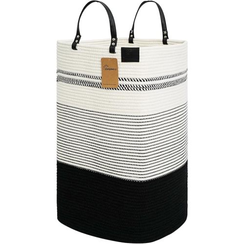 danpinera 100L Nursery Hamper, Tall Woven Laundry Basket with Long Leather Handles, Boho Laundry Hamper for Living Room & Bedroom, Eco-friendly & Convenient Decorative Storage Basket, White & Black