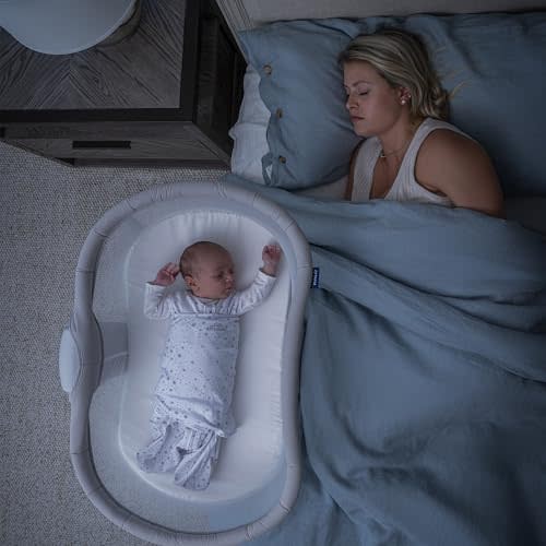 HALO BassiNest Soothing Swivel Sleeper 3.0S – Over-Bed Baby Bassinet with 360 Rotation, Adjustable Height, Breathable Mesh, Calm Sounds & Vibrations, Safe Close Sleeping, Lowering Wall for Easy Access