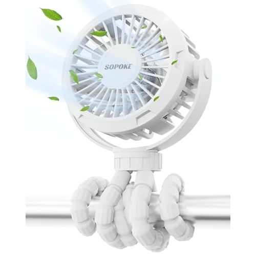 SOPOKE Mini Portable Baby Stroller Fan,3 Speed Personal Handheld Fan,Battery Operated Rechargeable 360° Flexible Tripod Cooling Fan, Suitable for Car Seat Crib Treadmill Golf Cart Travel(White)