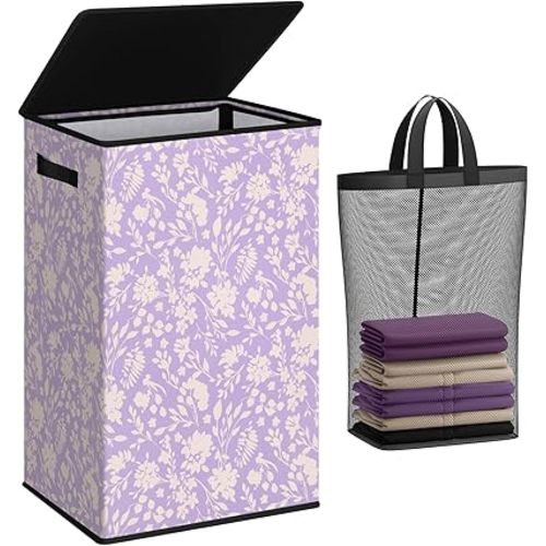 SOLEDI Laundry Hamper with Lid, 90L Tall & Large Floral Laundry Basket, Collapsible Clothes Hamper with Removable Bag, Dirty Hampers for Bedroom, Bathroom, Laundry Room